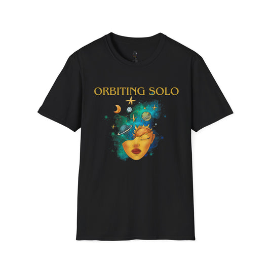 “Orbiting Solo” Cosmic Empowerment T-Shirt | M-Bodi Dezigns | Celestial Independence Tee for Adults