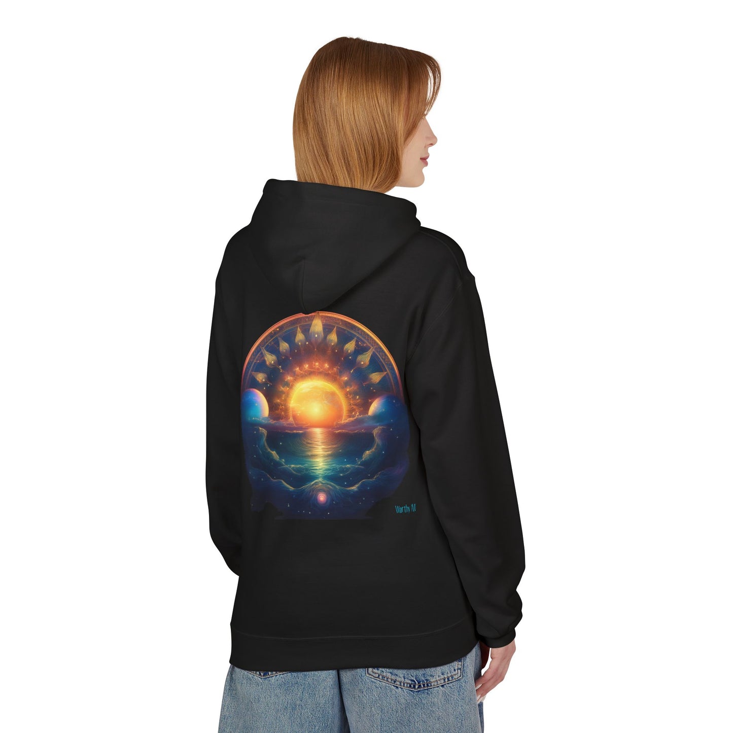 Celestial Horizon Hoodie | M-Bodi Dezigns | Cosmic Sunset Graphic Sweatshirt for Adults
