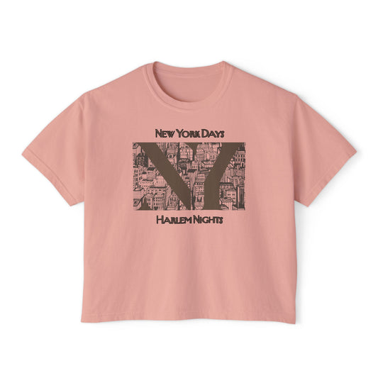 NYC Skyline Boxy Tee — "New York Days / Harlem Nights" Graphic Shirt