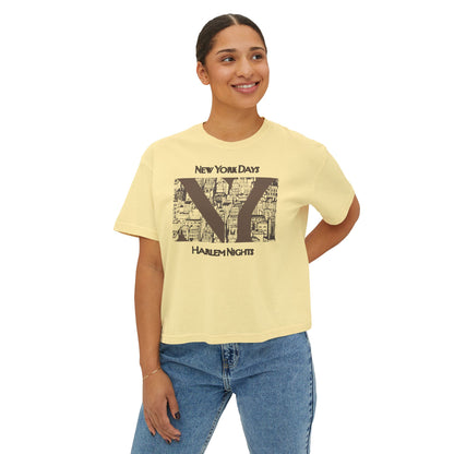 NYC Skyline Boxy Tee — "New York Days / Harlem Nights" Graphic Shirt