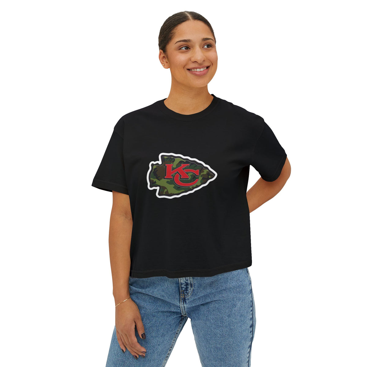 Camo Print Women's Boxy Tee, Casual Summer Top, Gift for Sports Fans, Trendy Women's Apparel, Comfortable Streetwear