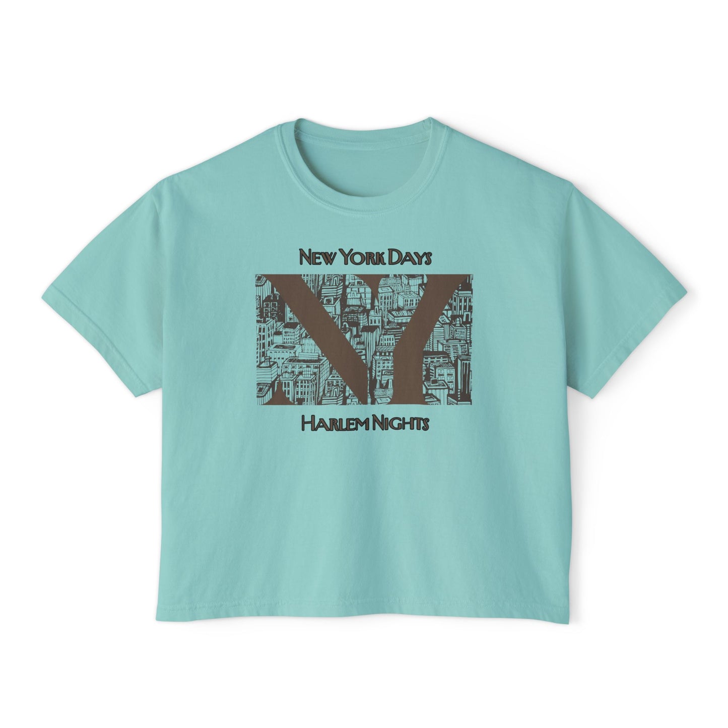 NYC Skyline Boxy Tee — "New York Days / Harlem Nights" Graphic Shirt