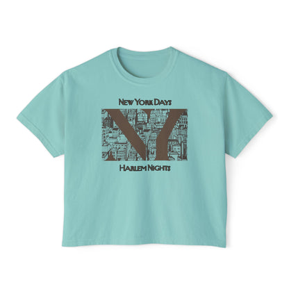 NYC Skyline Boxy Tee — "New York Days / Harlem Nights" Graphic Shirt