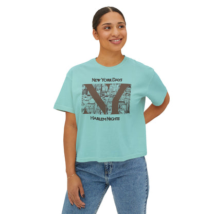 NYC Skyline Boxy Tee — "New York Days / Harlem Nights" Graphic Shirt