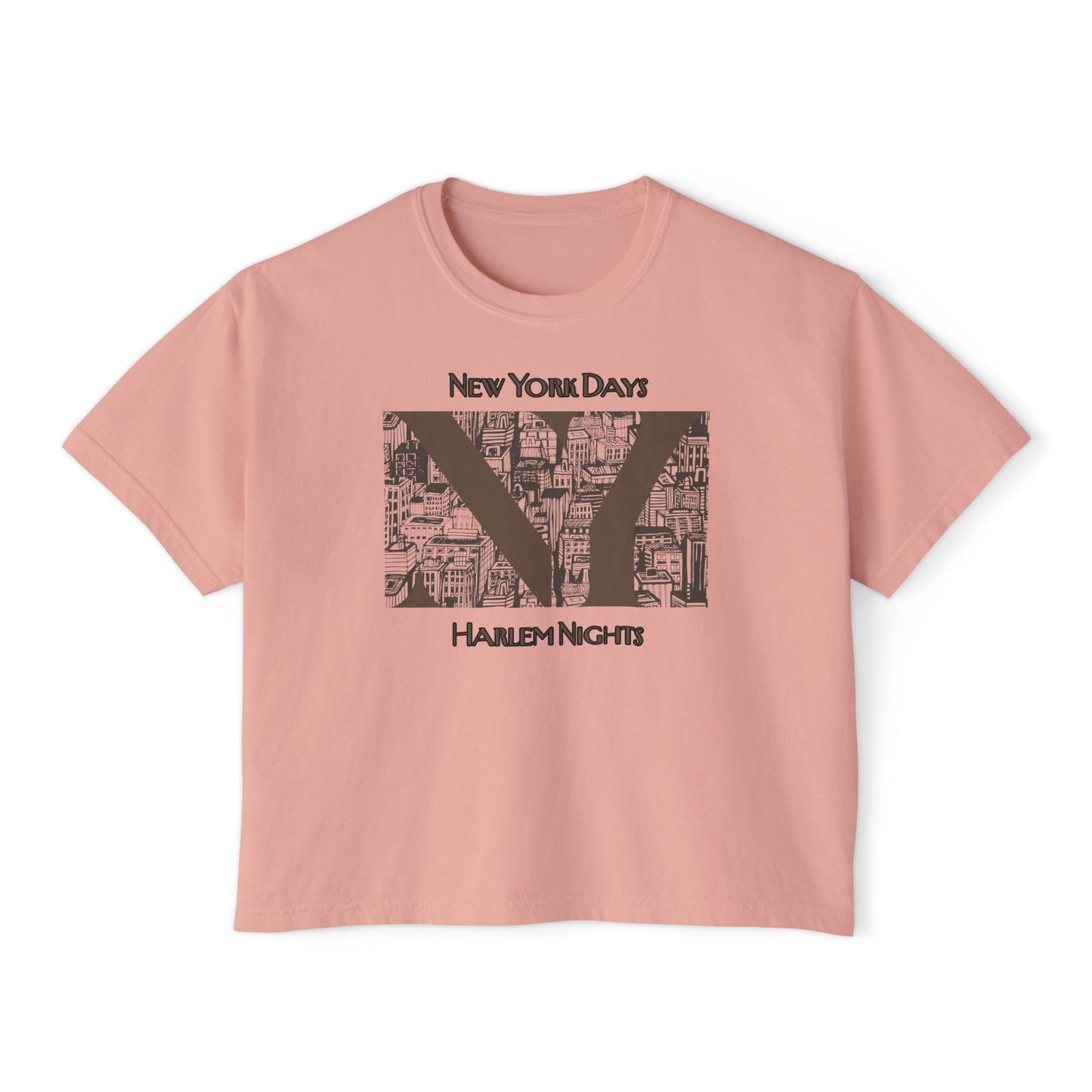 NYC Skyline Boxy Tee — "New York Days / Harlem Nights" Graphic Shirt