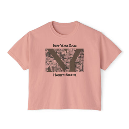 NYC Skyline Boxy Tee — "New York Days / Harlem Nights" Graphic Shirt