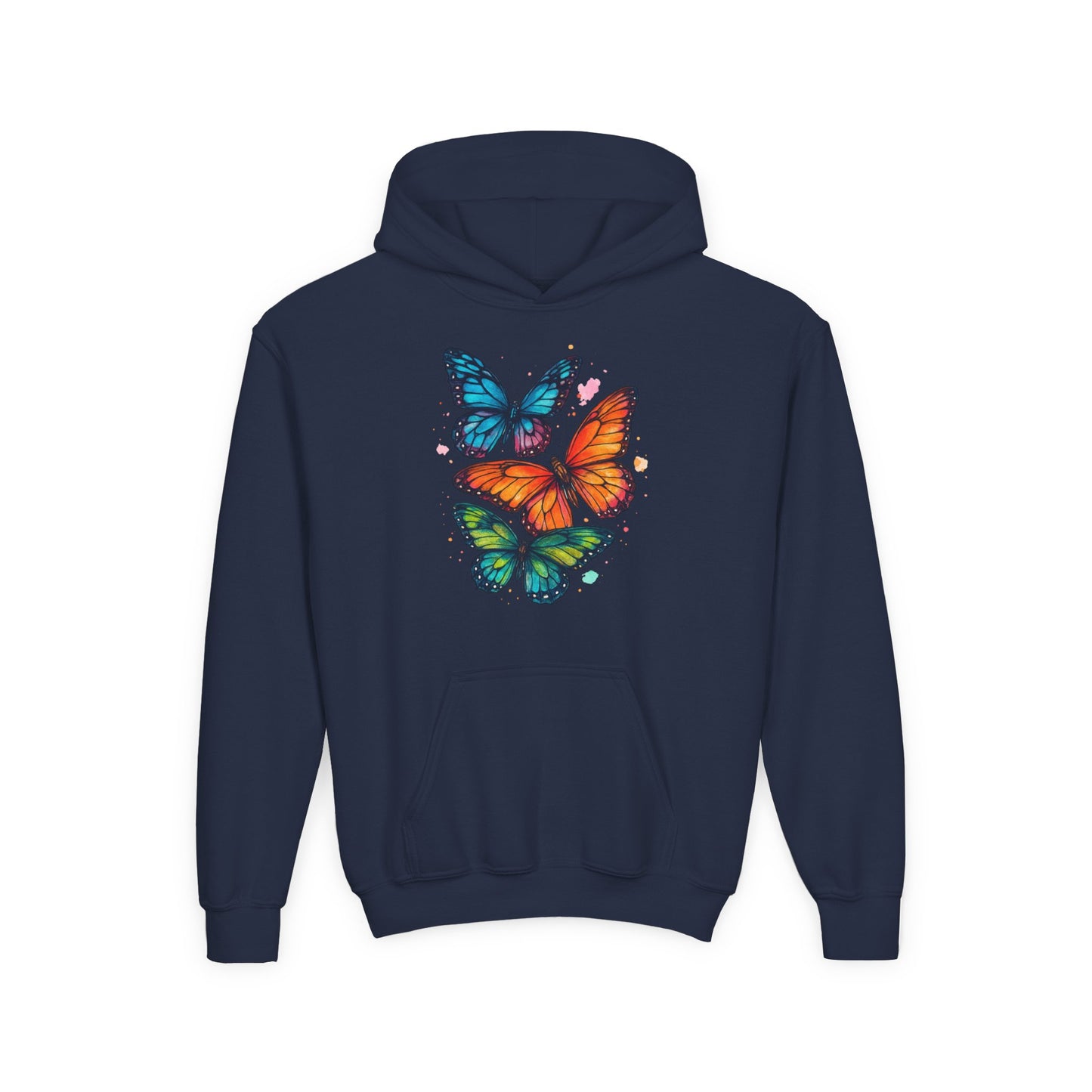 Vibrant Butterfly Youth Hoodie - Soft & Cozy Kids Sweatshirt | Perfect Gift for Girls | Available in Pink, Purple, Navy (S-XL)