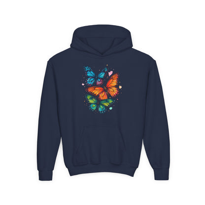 Vibrant Butterfly Youth Hoodie - Soft & Cozy Kids Sweatshirt | Perfect Gift for Girls | Available in Pink, Purple, Navy (S-XL)