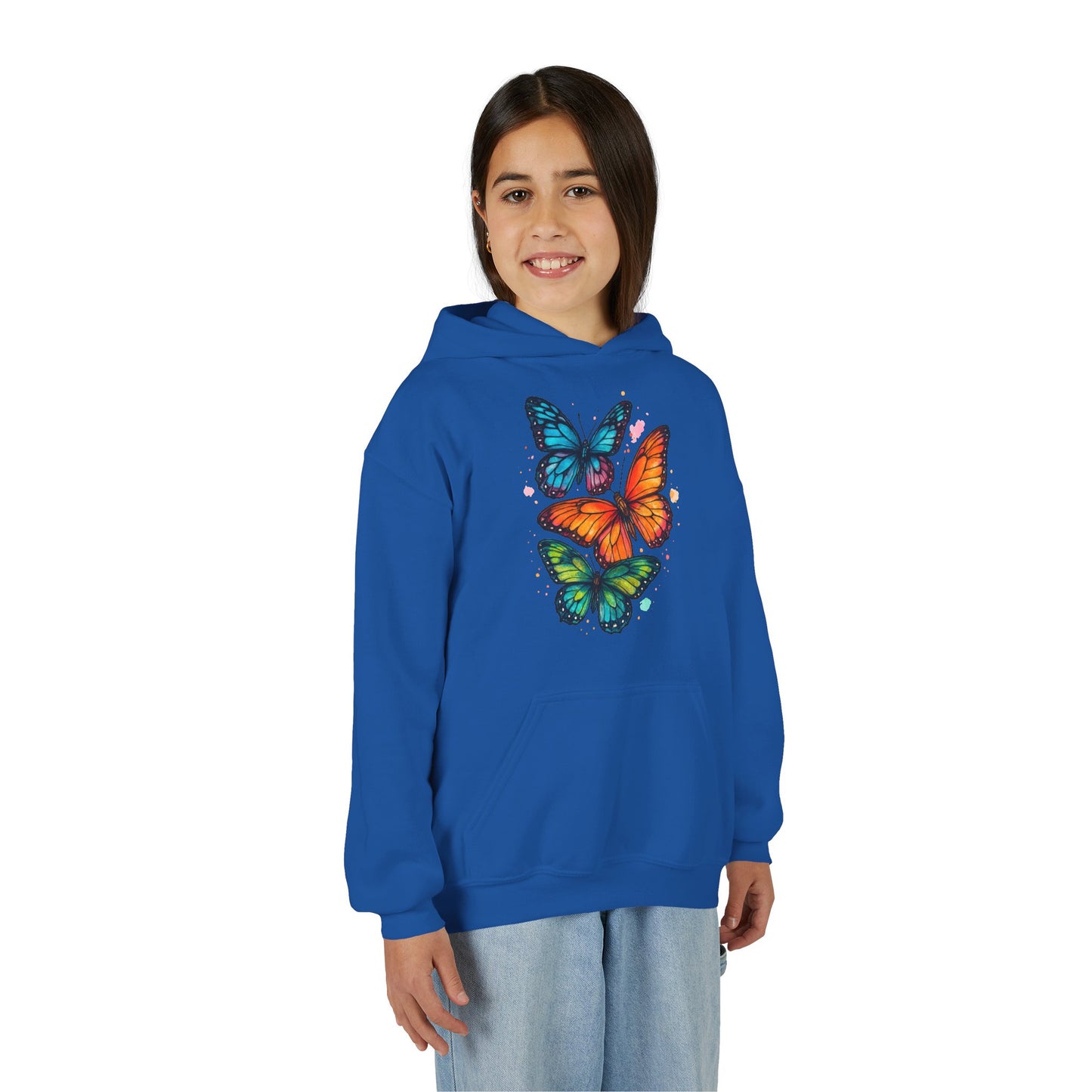 Vibrant Butterfly Youth Hoodie - Soft & Cozy Kids Sweatshirt | Perfect Gift for Girls | Available in Pink, Purple, Navy (S-XL)