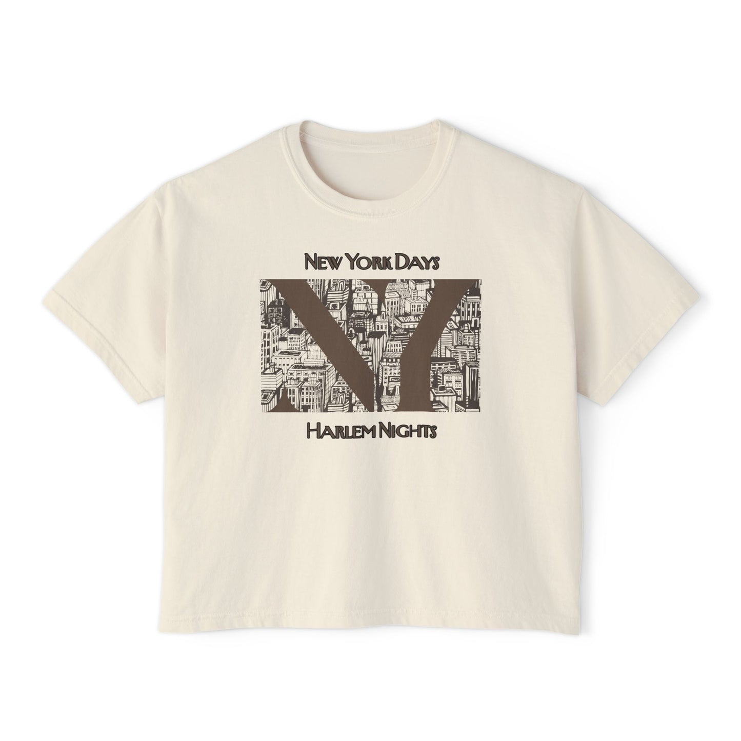 NYC Skyline Boxy Tee — "New York Days / Harlem Nights" Graphic Shirt