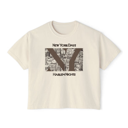 NYC Skyline Boxy Tee — "New York Days / Harlem Nights" Graphic Shirt