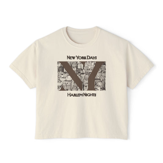 NYC Skyline Boxy Tee — "New York Days / Harlem Nights" Graphic Shirt