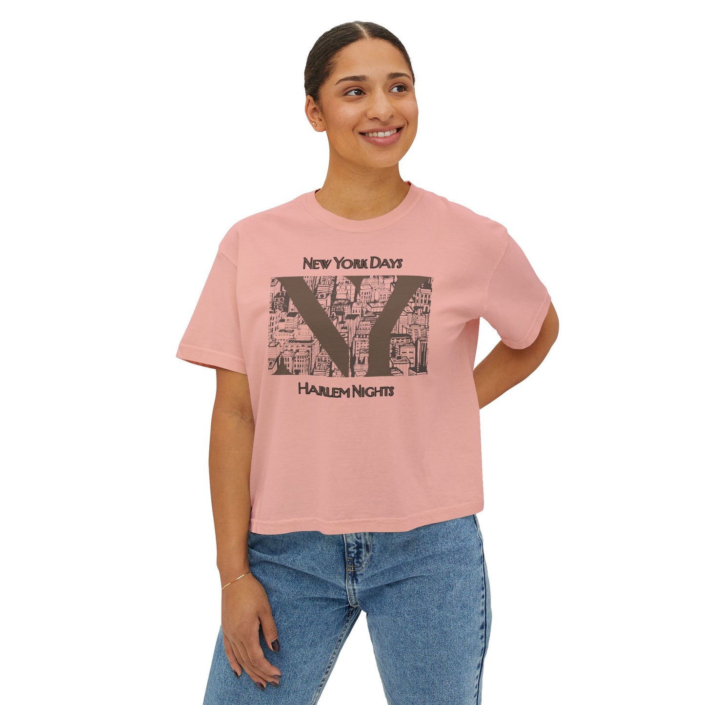 NYC Skyline Boxy Tee — "New York Days / Harlem Nights" Graphic Shirt