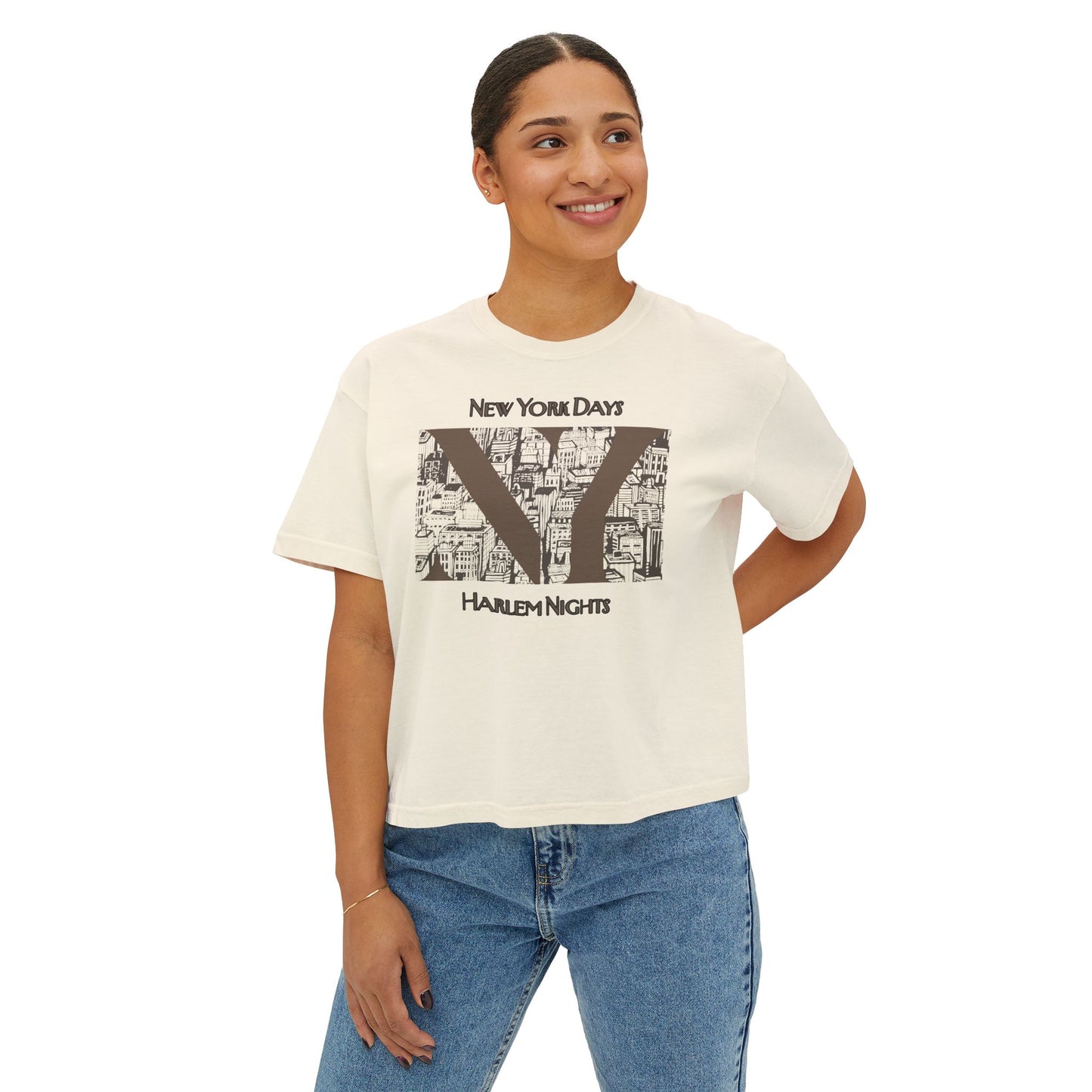 NYC Skyline Boxy Tee — "New York Days / Harlem Nights" Graphic Shirt