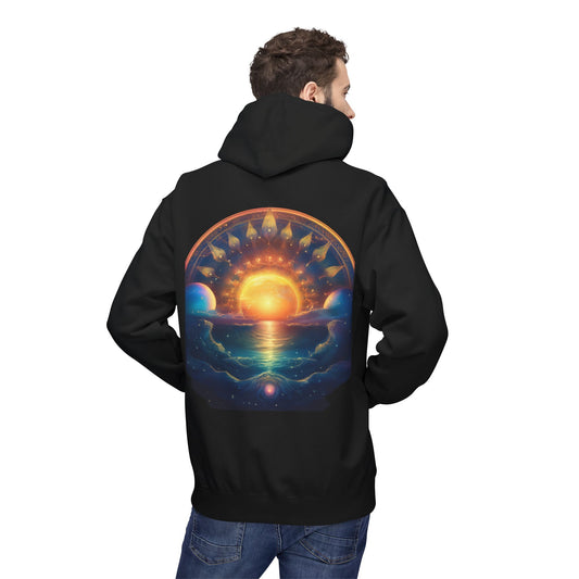 Celestial Horizon Hoodie | M-Bodi Dezigns | Cosmic Sunset Graphic Sweatshirt for Adults