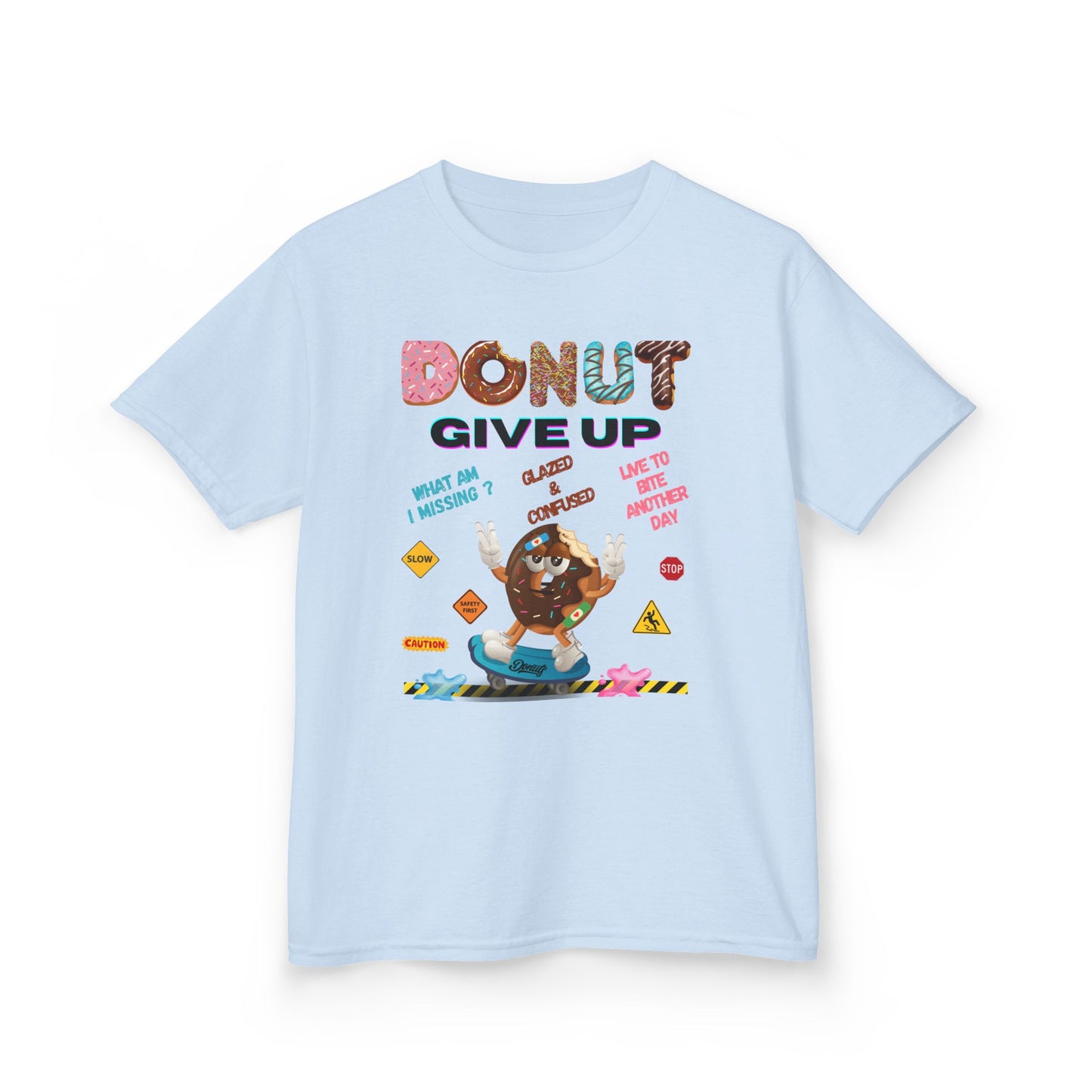 Donut Give Up Kids T-Shirt | HugMi Collection | Funny Skater Donut Graphic Tee for Kids