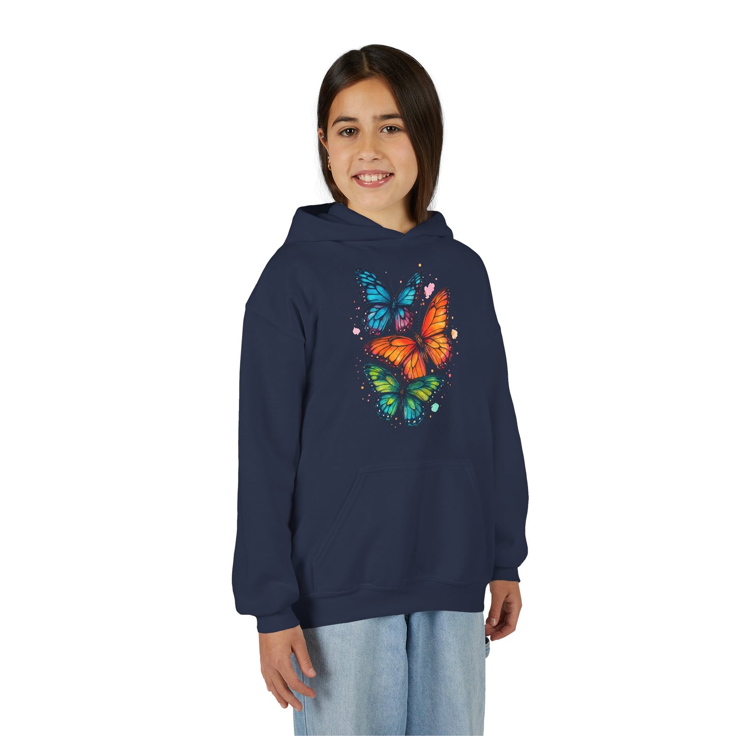 Vibrant Butterfly Youth Hoodie - Soft & Cozy Kids Sweatshirt | Perfect Gift for Girls | Available in Pink, Purple, Navy (S-XL)