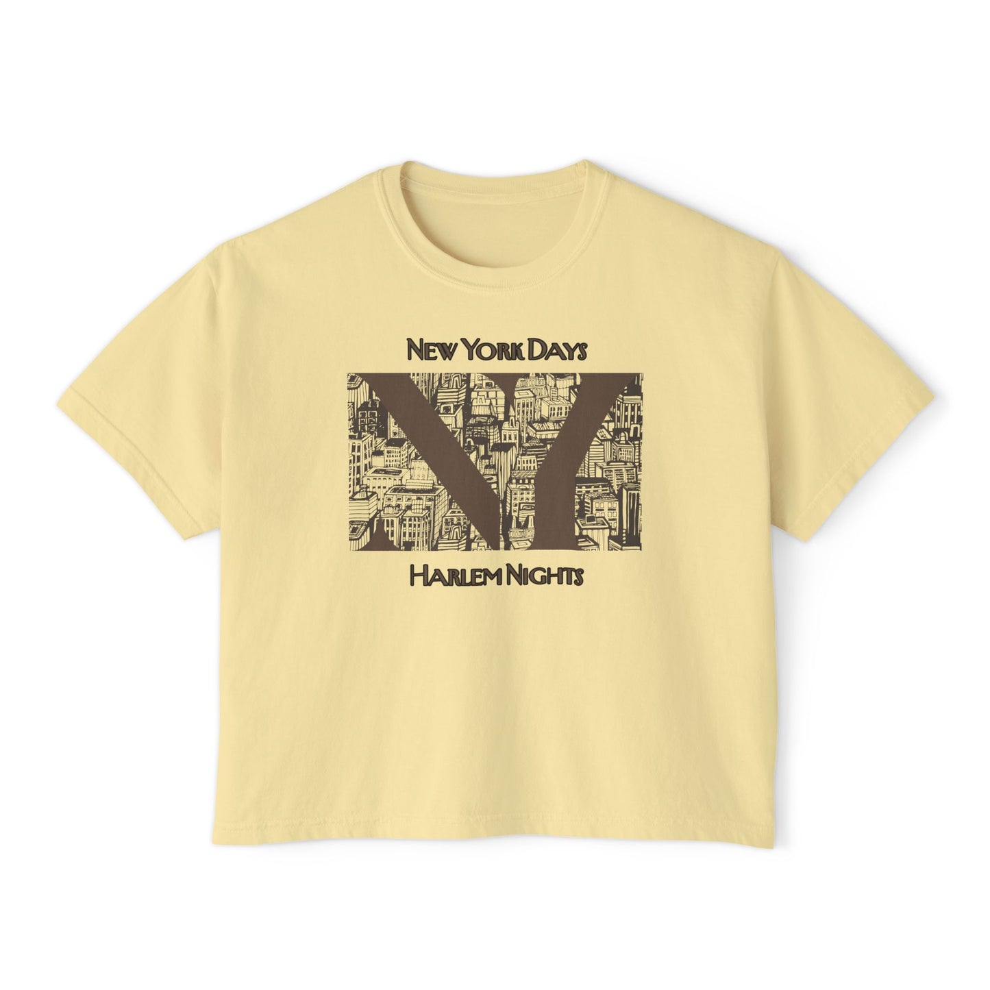 NYC Skyline Boxy Tee — "New York Days / Harlem Nights" Graphic Shirt