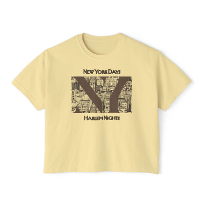 NYC Skyline Boxy Tee — "New York Days / Harlem Nights" Graphic Shirt