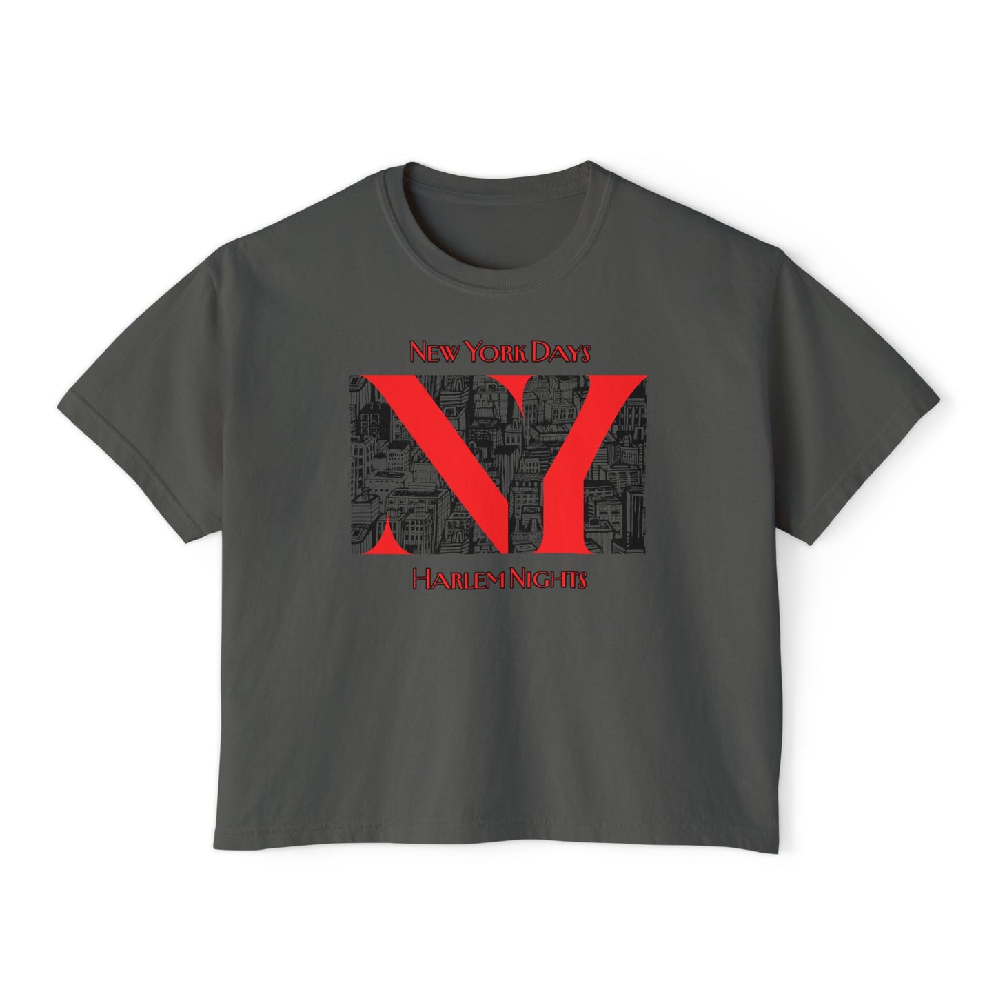 NYC Skyline Boxy Tee — "New York Days / Harlem Nights" Graphic Shirt