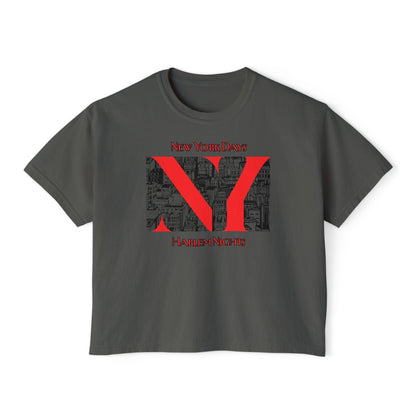 NYC Skyline Boxy Tee — "New York Days / Harlem Nights" Graphic Shirt