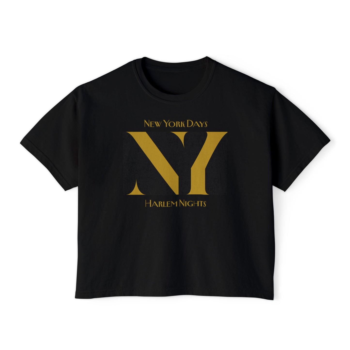 NYC Skyline Boxy Tee — "New York Days / Harlem Nights" Graphic Shirt