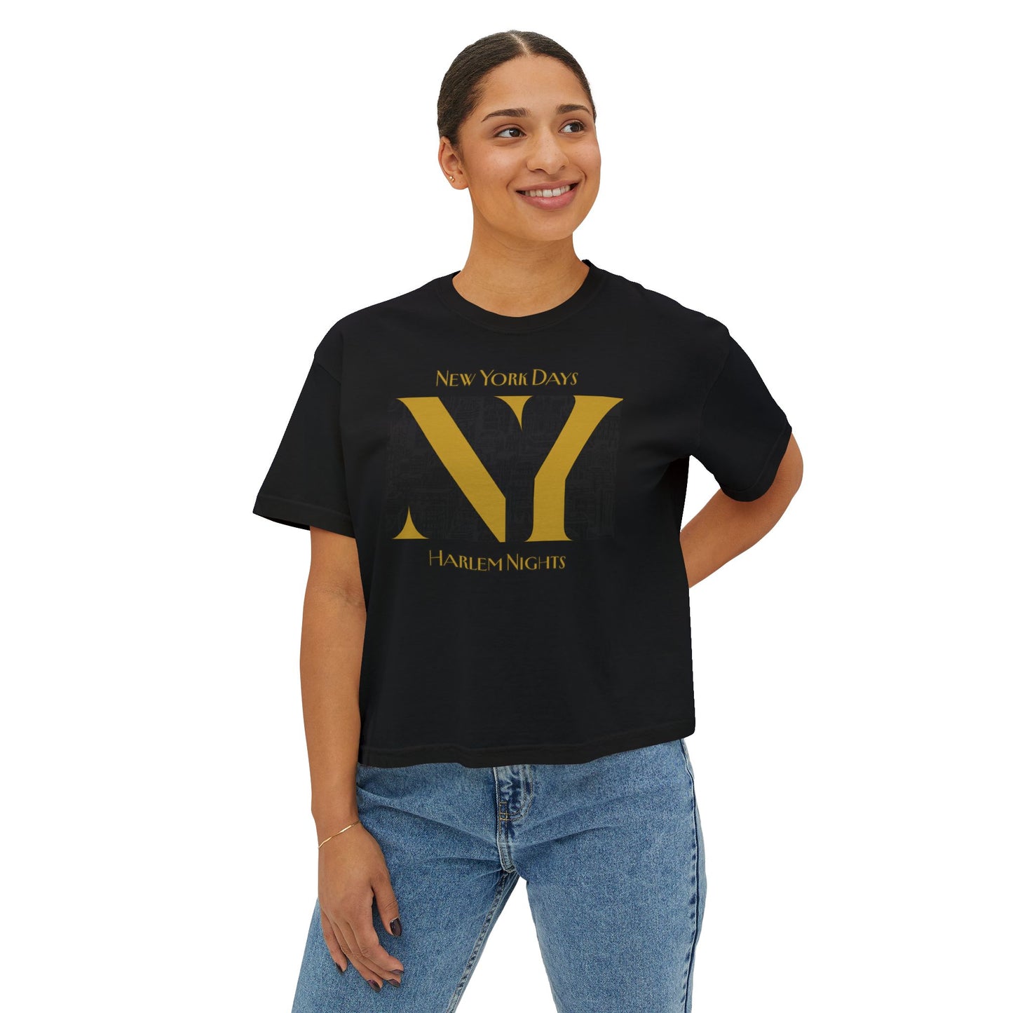 NYC Skyline Boxy Tee — "New York Days / Harlem Nights" Graphic Shirt